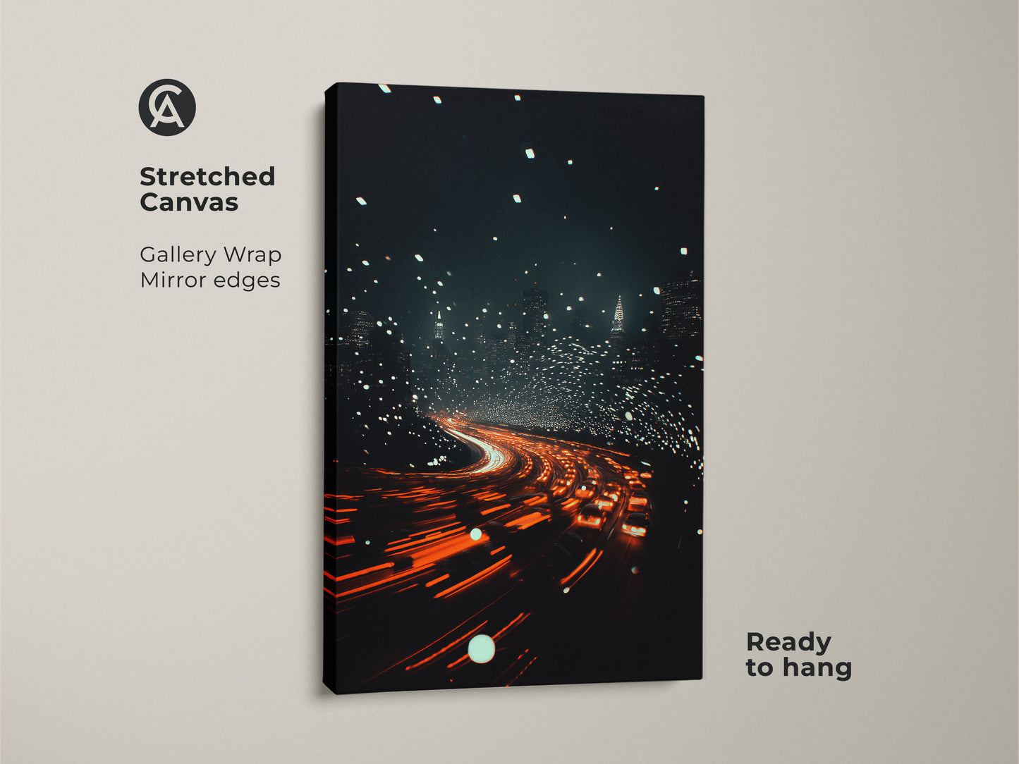 Stretched Canvas artwork displaying an urban night traffic scene with orange and red lights. Gallery Wrap offers mirror edges. Nightlife skyline canvas art creates a dynamic focal point ready to hang. Stretched canvas is perfect for urban decor enthusiasts.