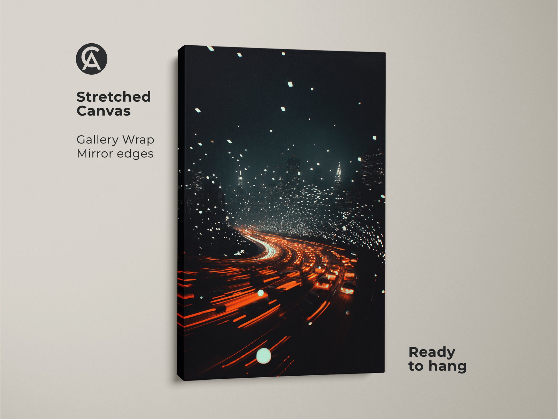 Stretched Canvas artwork displaying an urban night traffic scene with orange and red lights. Gallery Wrap offers mirror edges. Nightlife skyline canvas art creates a dynamic focal point ready to hang. Stretched canvas is perfect for urban decor enthusiasts.