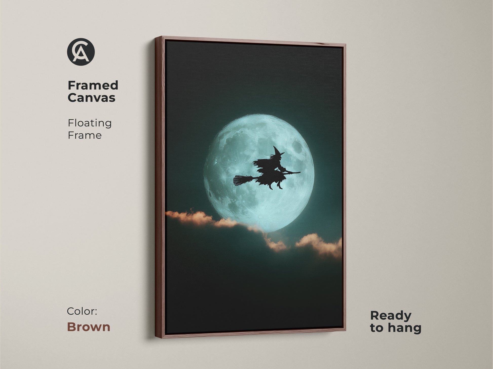 Brown framed canvas art shows a witch silhouette against a teal moon. This gothic Halloween art is ready to hang. The dark academia artwork adds mystery to your home decor.