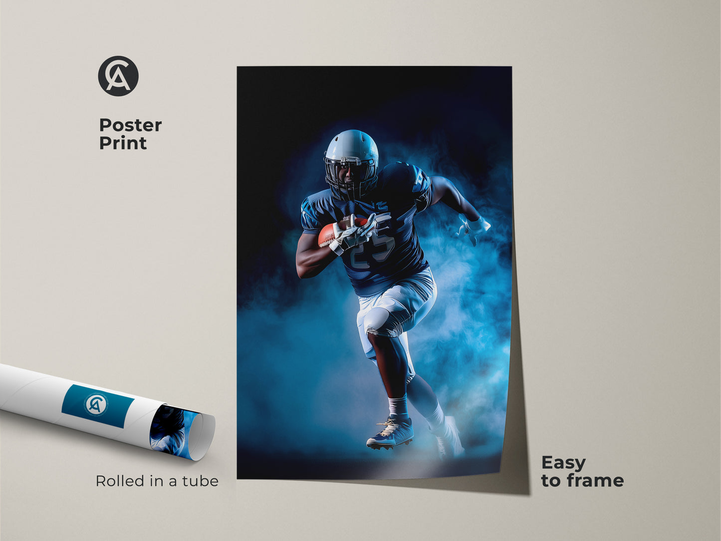 This poster print showcases a football player in full stride. The navy blue and white art is easy to frame. It's perfect for creating a sports themed bedroom or man cave. Rolled in a tube this action sports canvas print is a great gift idea.