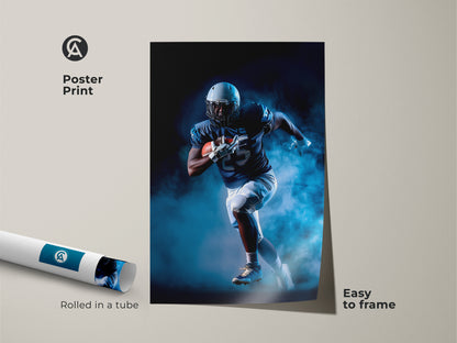 This poster print showcases a football player in full stride. The navy blue and white art is easy to frame. It's perfect for creating a sports themed bedroom or man cave. Rolled in a tube this action sports canvas print is a great gift idea.