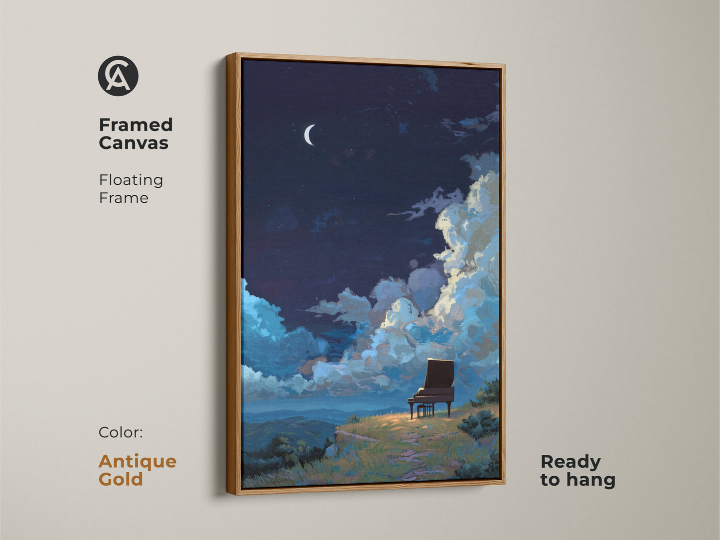 Framed canvas with floating frame in antique gold featuring atmospheric night scene art. The unique wall hanging decor is ready to hang. It's an art print for music studio.