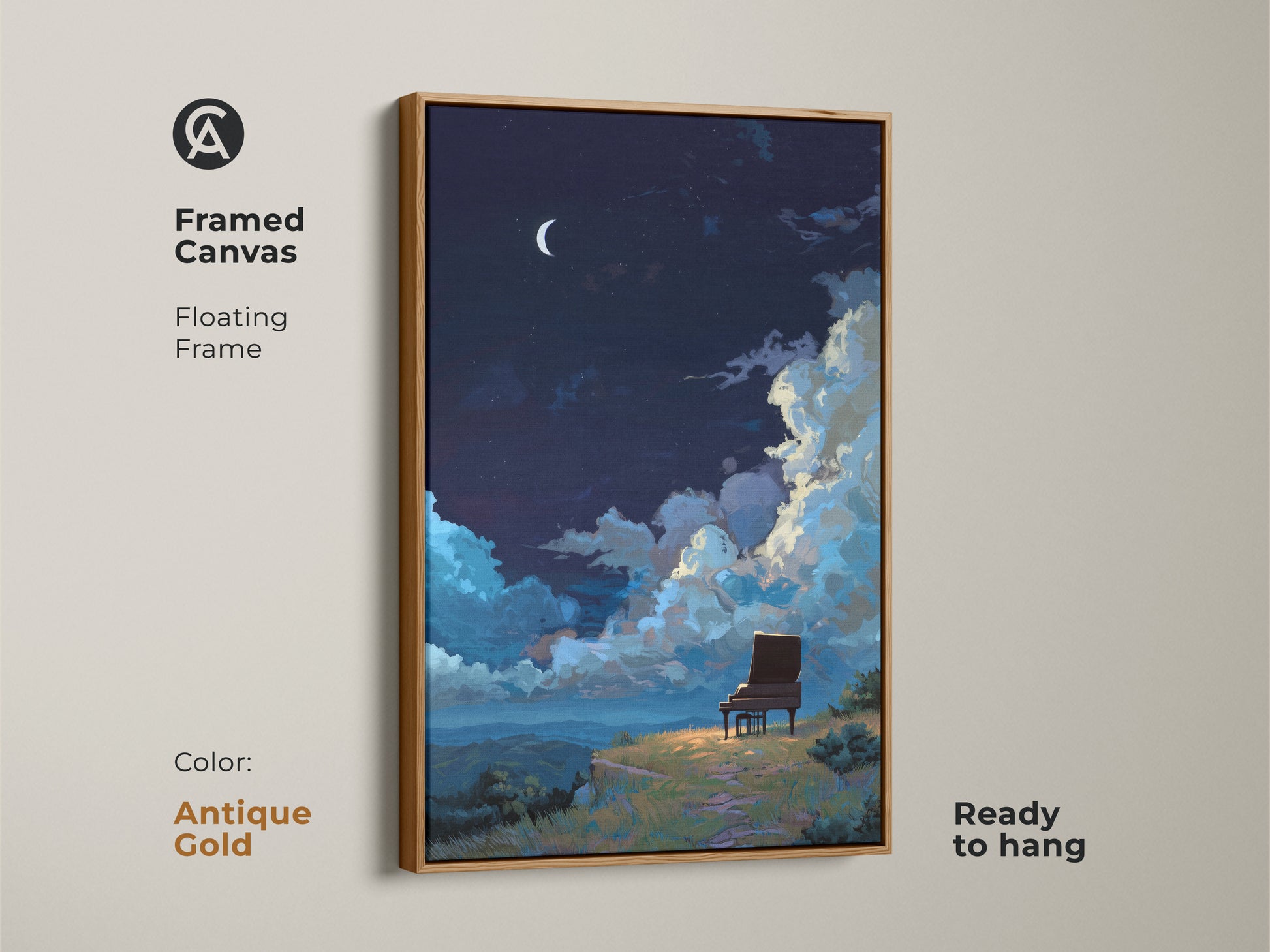 Framed canvas with floating frame in antique gold featuring atmospheric night scene art. The unique wall hanging decor is ready to hang. It's an art print for music studio.