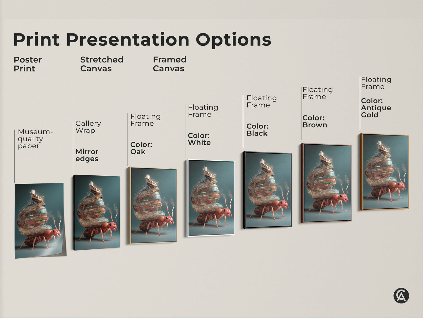 Explore print presentation options for the fantasy ant artwork. Choose from a poster print or stretched canvas. Opt for a framed canvas in colors such as black brown antique gold oak or white adding a unique accent to any space.