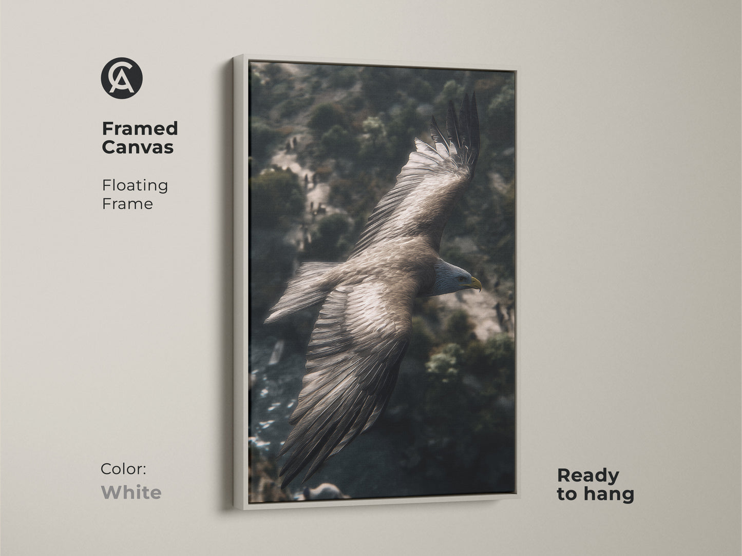 White floating frame around a canvas print of a realistic eagle. This wildlife bird of prey artwork is ready to hang. The rustic mountain landscape is perfect residential wall decor.
