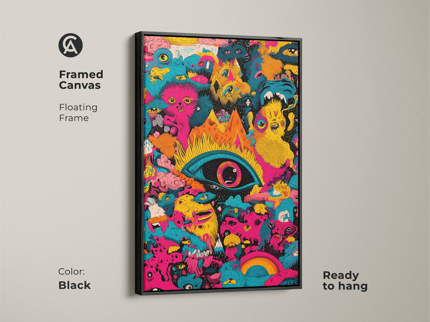 Black framed canvas print of psychedelic monster art. The artwork features a central eye and bizarre creatures. Ready to hang this floating frame adds a touch of sophistication to any room. A bold statement piece for art enthusiasts.