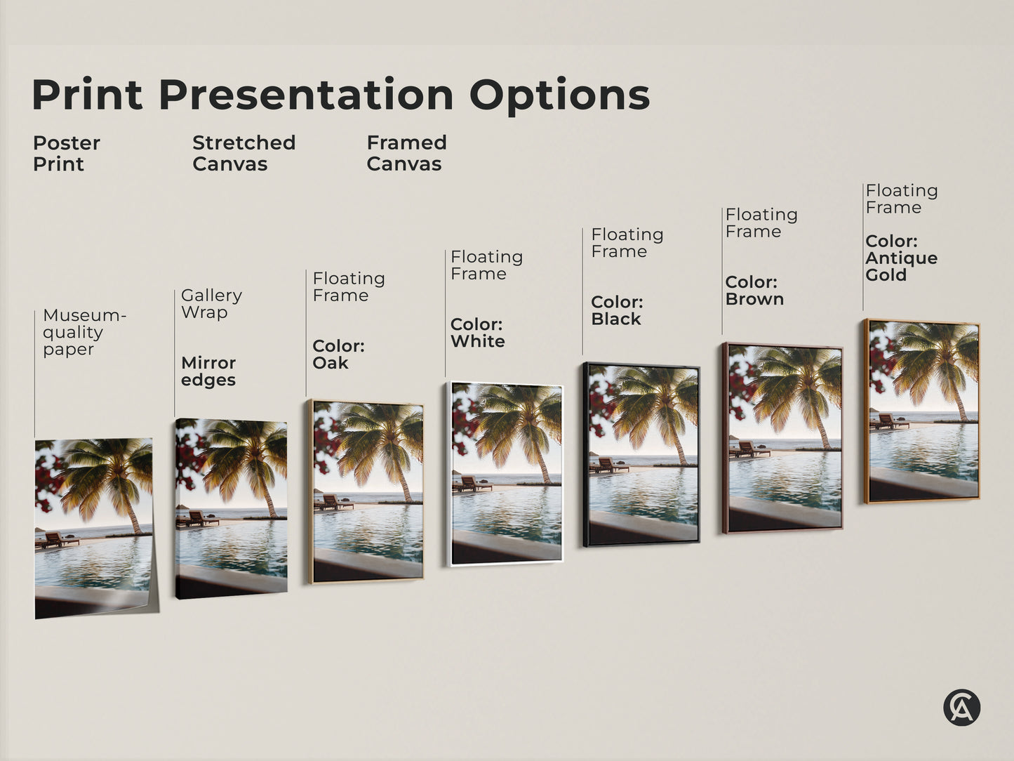Print Presentation Options for Beachside Paradise Canvas Art. See the poster print stretched canvas and framed canvas. Floating frames in black brown oak white and antique gold. Museum-quality paper and mirror edges available. Find the perfect style for your coastal home decor.
