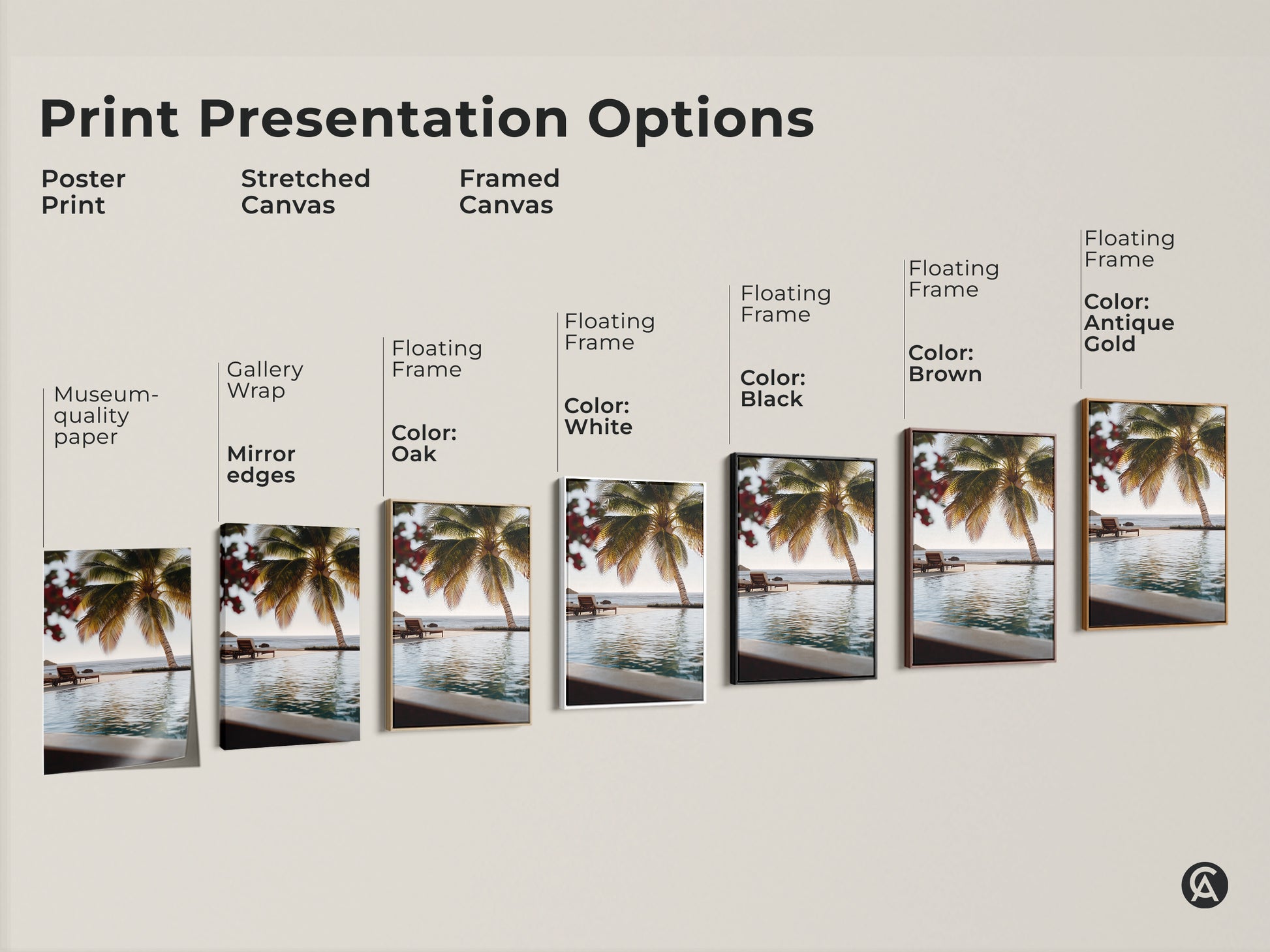 Print Presentation Options for Beachside Paradise Canvas Art. See the poster print stretched canvas and framed canvas. Floating frames in black brown oak white and antique gold. Museum-quality paper and mirror edges available. Find the perfect style for your coastal home decor.