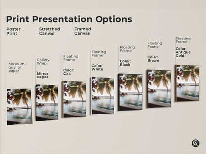 Print Presentation Options for Beachside Paradise Canvas Art. See the poster print stretched canvas and framed canvas. Floating frames in black brown oak white and antique gold. Museum-quality paper and mirror edges available. Find the perfect style for your coastal home decor.