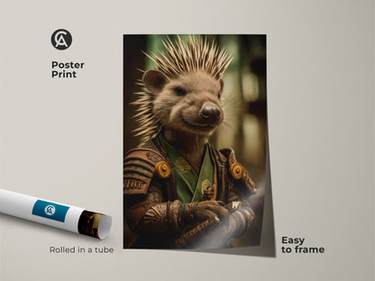 This poster print features a samurai hedgehog rolled in a tube. It is an easy to frame art print. The fantasy animal warrior wall decor would make a great gift idea.