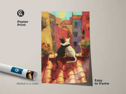 Poster print featuring a romantic cat couple. Rolled in a tube for easy framing. The black and white cats embrace against a vibrant cityscape. A whimsical folk art addition to any space.
