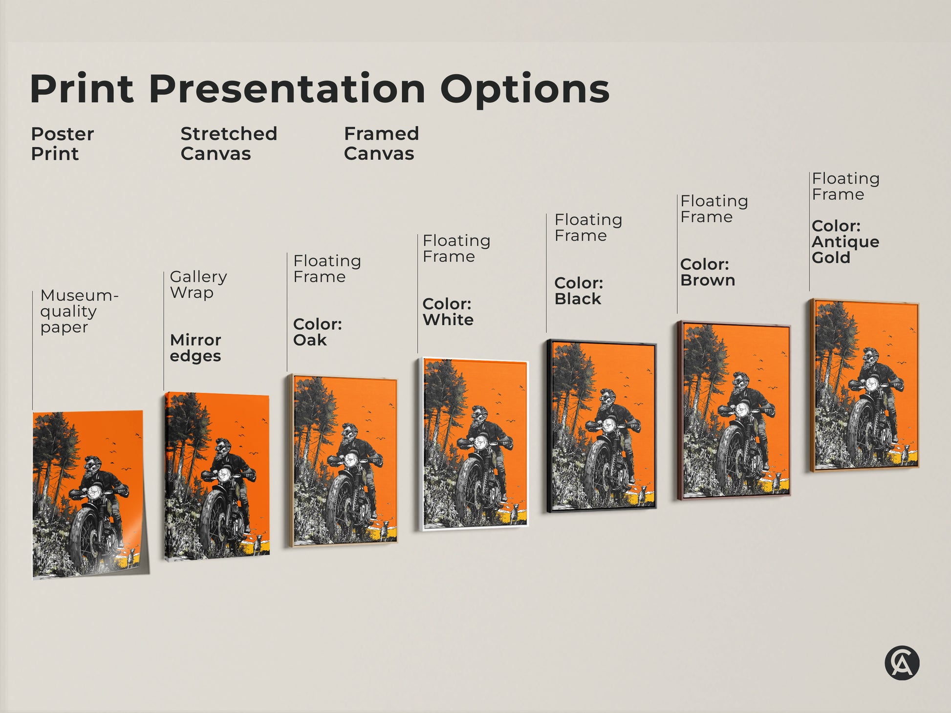 Various print options available for the skeleton biker artwork. Choose from poster prints stretched canvas or framed canvas. Each option highlights the unique artwork of a skeleton biker riding through the woods. Find the perfect style.
