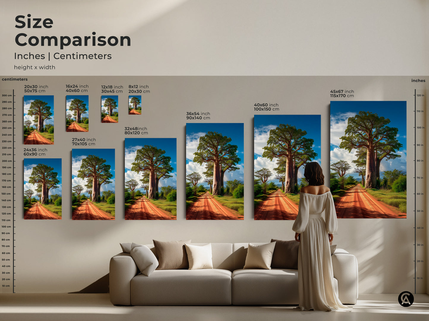 Size comparison of African Savanna landscape art prints. See various sizes displayed above a sofa. The canvas features a Baobab tree. The artwork adds earth tones and a boho vibe to living room decor. Find the perfect size