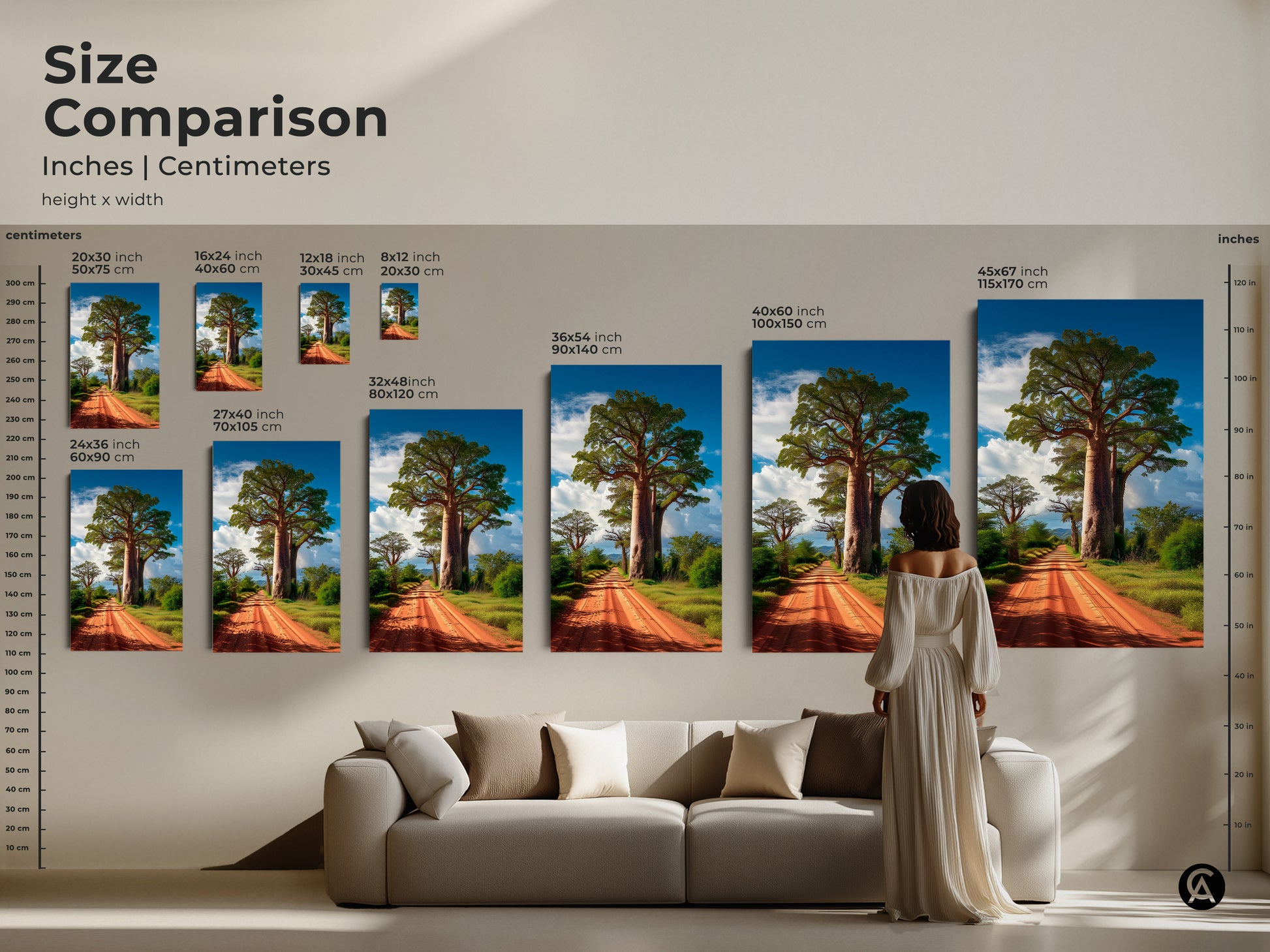 Size comparison of African Savanna landscape art prints. See various sizes displayed above a sofa. The canvas features a Baobab tree. The artwork adds earth tones and a boho vibe to living room decor. Find the perfect size