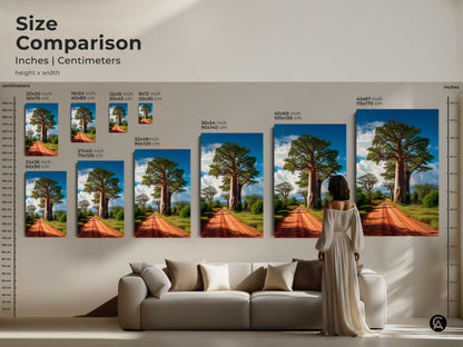 Size comparison of African Savanna landscape art prints. See various sizes displayed above a sofa. The canvas features a Baobab tree. The artwork adds earth tones and a boho vibe to living room decor. Find the perfect size