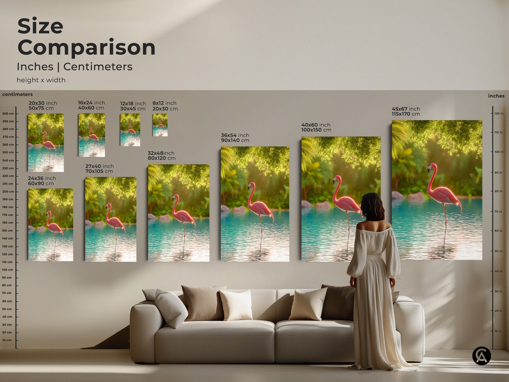 Size comparison of tropical flamingo canvas art in inches and centimeters. See how different sizes look above a sofa. Visualize the impact of various art dimensions in your living room. This helps you choose the perfect statement piece. Enhance your home decor.
