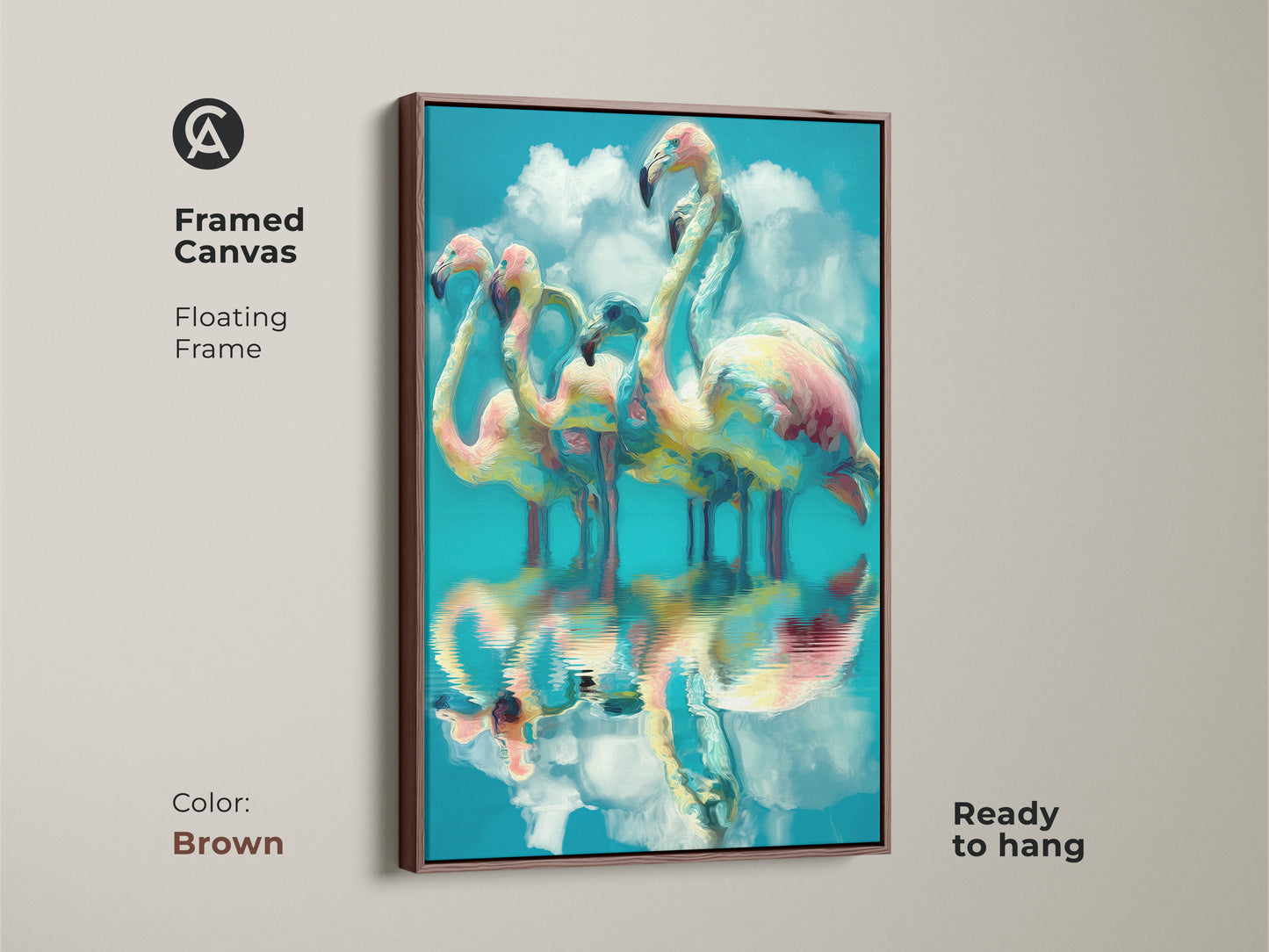 Framed canvas showcasing abstract flamingos with a brown floating frame. The tropical bird art brings a nature inspired element to any room. Ideal as a unique home interior art piece. A great gift idea.