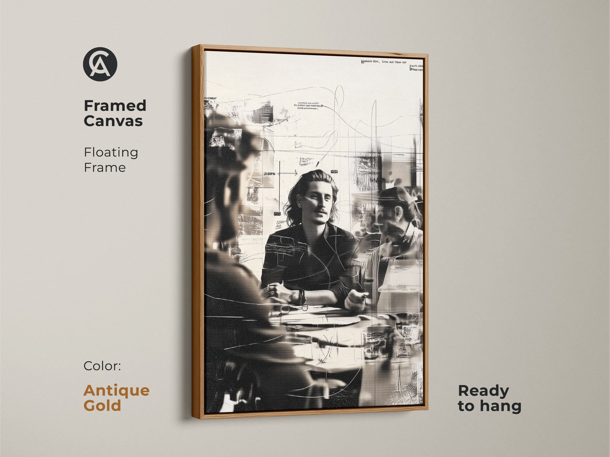Framed canvas featuring a monochrome abstract sketch of a business meeting. The floating antique gold frame adds a touch of elegance. Ready to hang this contemporary office wall art enhances any workspace. This people sketch print is perfect as artistic desk art.