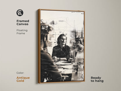 Framed canvas featuring a monochrome abstract sketch of a business meeting. The floating antique gold frame adds a touch of elegance. Ready to hang this contemporary office wall art enhances any workspace. This people sketch print is perfect as artistic desk art.