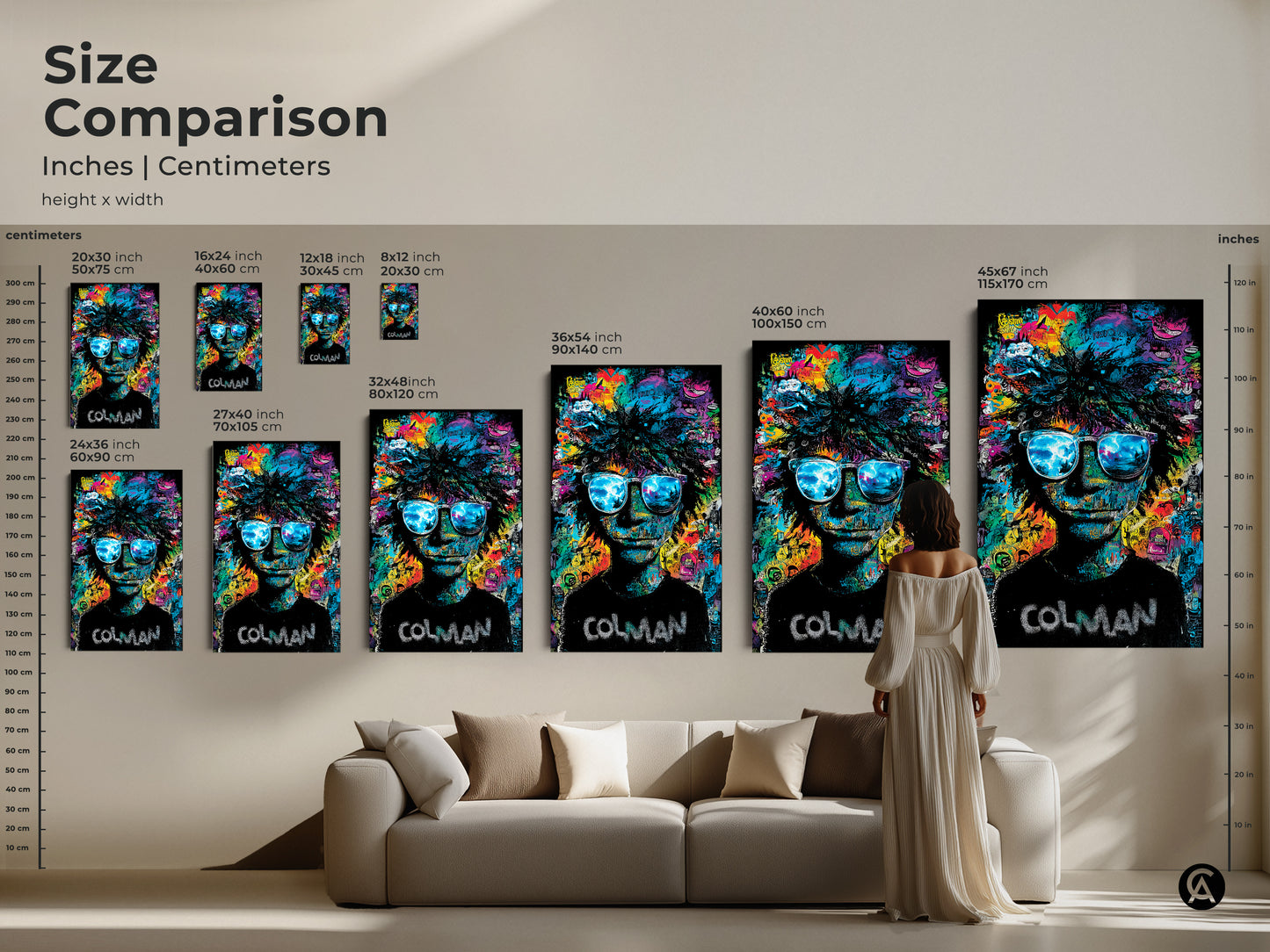 Size comparison of Colman artwork. See the art in inches and centimeters. Various sizes are displayed with a model. Find the perfect size for your home. See how it fits with your furniture. Discover the perfect size art.