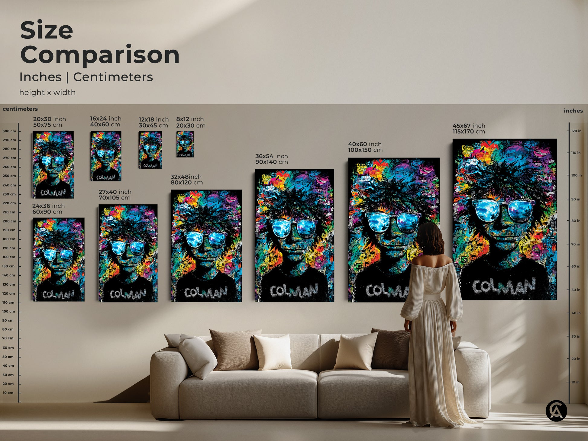 Size comparison of Colman artwork. See the art in inches and centimeters. Various sizes are displayed with a model. Find the perfect size for your home. See how it fits with your furniture. Discover the perfect size art.