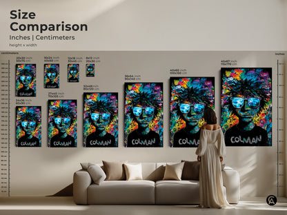 Size comparison of Colman artwork. See the art in inches and centimeters. Various sizes are displayed with a model. Find the perfect size for your home. See how it fits with your furniture. Discover the perfect size art.