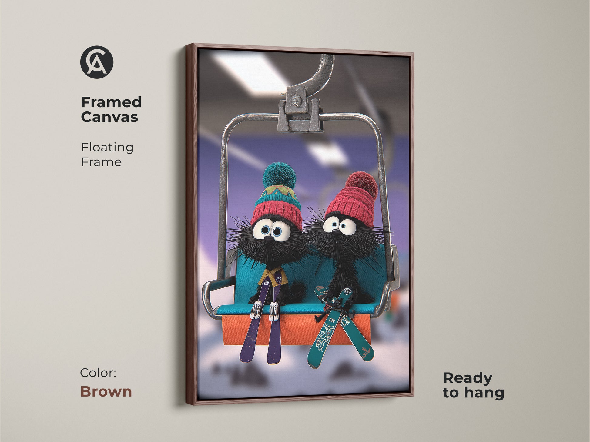 Framed canvas featuring cartoon skiing furballs art with a brown floating frame. This winter animal wall art showcases a cute animal winter scene. The eclectic blue and teal colors enhance the kids' room decor. It’s a delightful and ready to hang piece great for children's Christmas gift.
