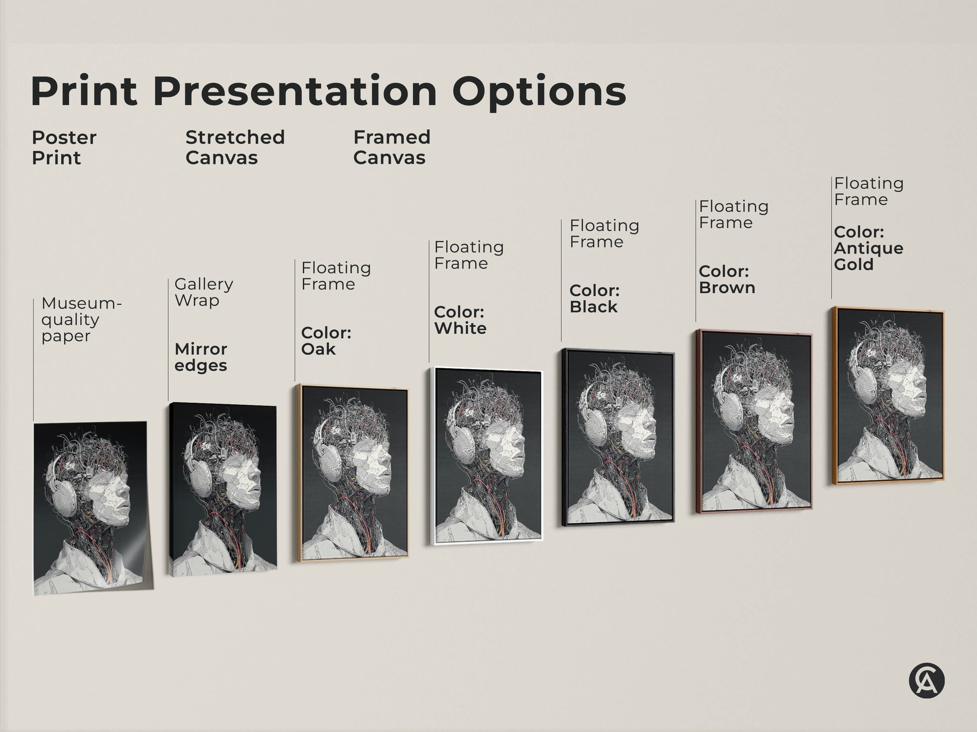 Explore print presentation options with this cyborg head artwork. Choose from poster prints stretched canvas and framed canvas. Options include gallery wrap floating frame. Different frame colors are available. Find the perfect style for your space.