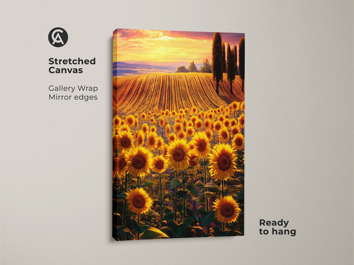 Stretched canvas art shows a sunflower field in golden light. A gallery wrap with mirror edges ensures a seamless look. This ready-to-hang artwork adds a touch of rustic charm. Imagine a summer field with botanical beauty on full display in your home.