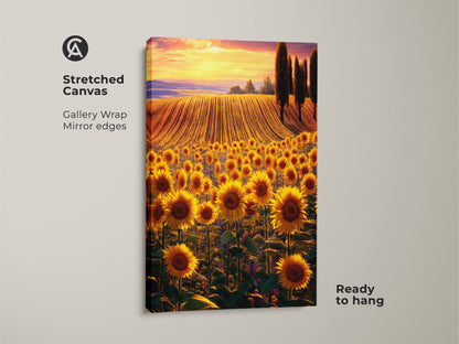 Stretched canvas art shows a sunflower field in golden light. A gallery wrap with mirror edges ensures a seamless look. This ready-to-hang artwork adds a touch of rustic charm. Imagine a summer field with botanical beauty on full display in your home.