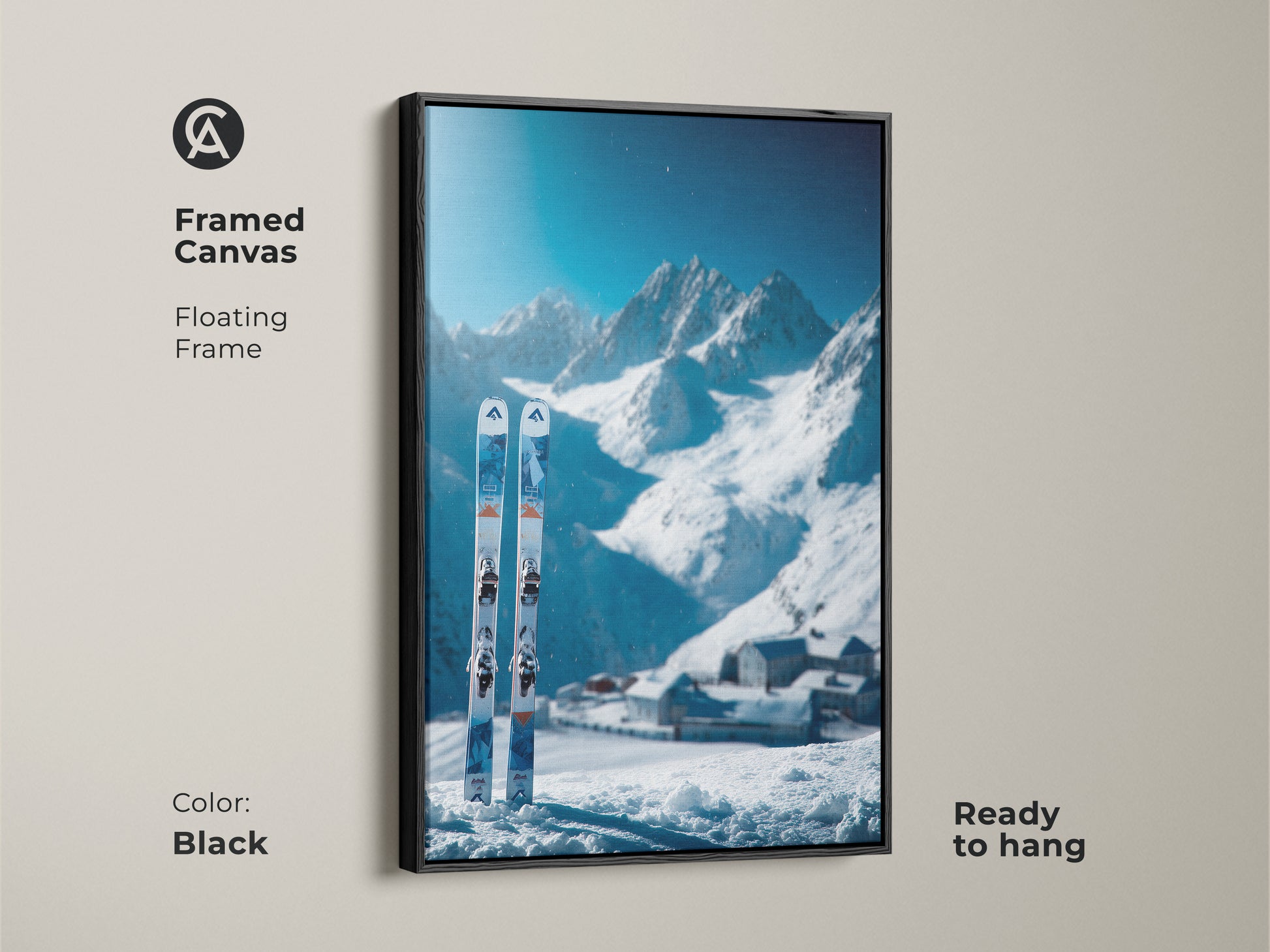 Framed canvas art of a ski scene. A winter mountain scene is the backdrop. The skis are in the snow. The frame is black and floating. Buy this framed ski canvas art today.