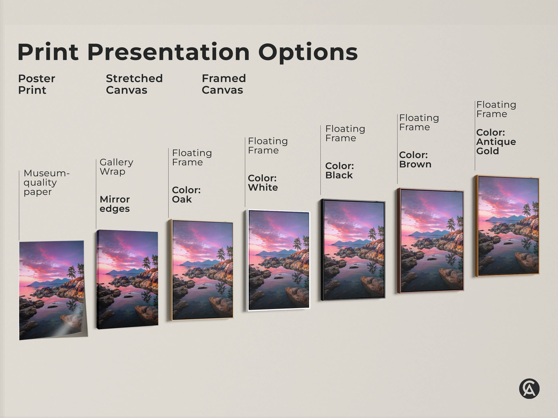 Explore print presentation options for coastal sunset rocky coastline artwork. Choose from poster prints stretched canvas or framed canvas. Available with gallery wrap mirror edges and floating frames in oak white black brown and antique gold.