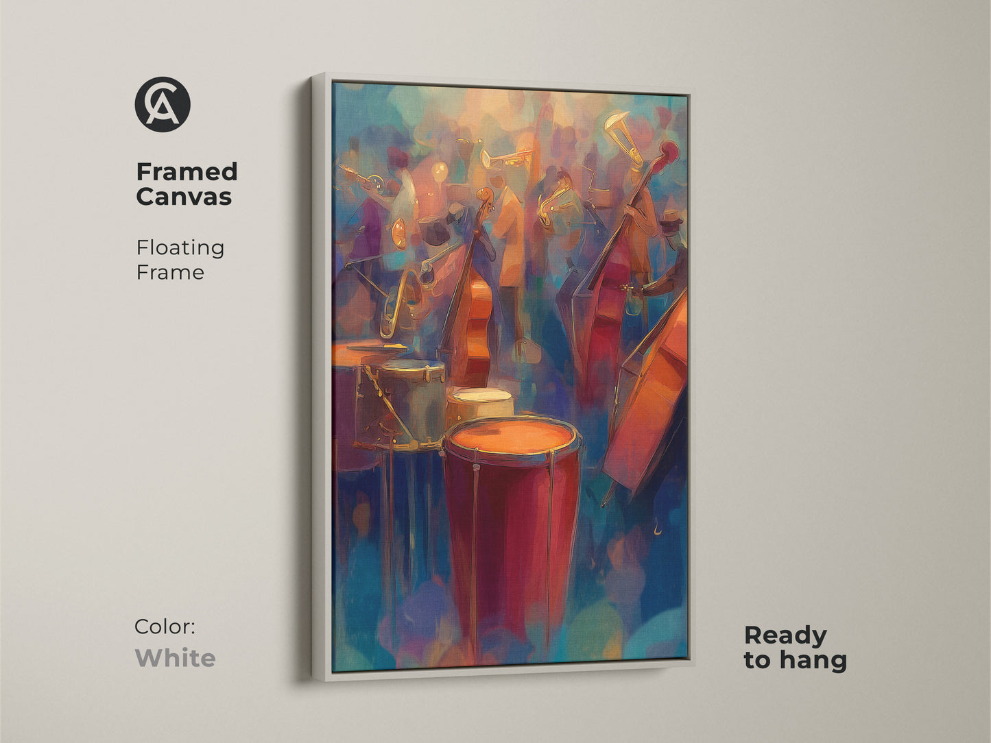 This abstract jazz band artwork is framed in white. The canvas has a floating frame. It's ready to hang. The music-themed art brings a clean modern look to any room.