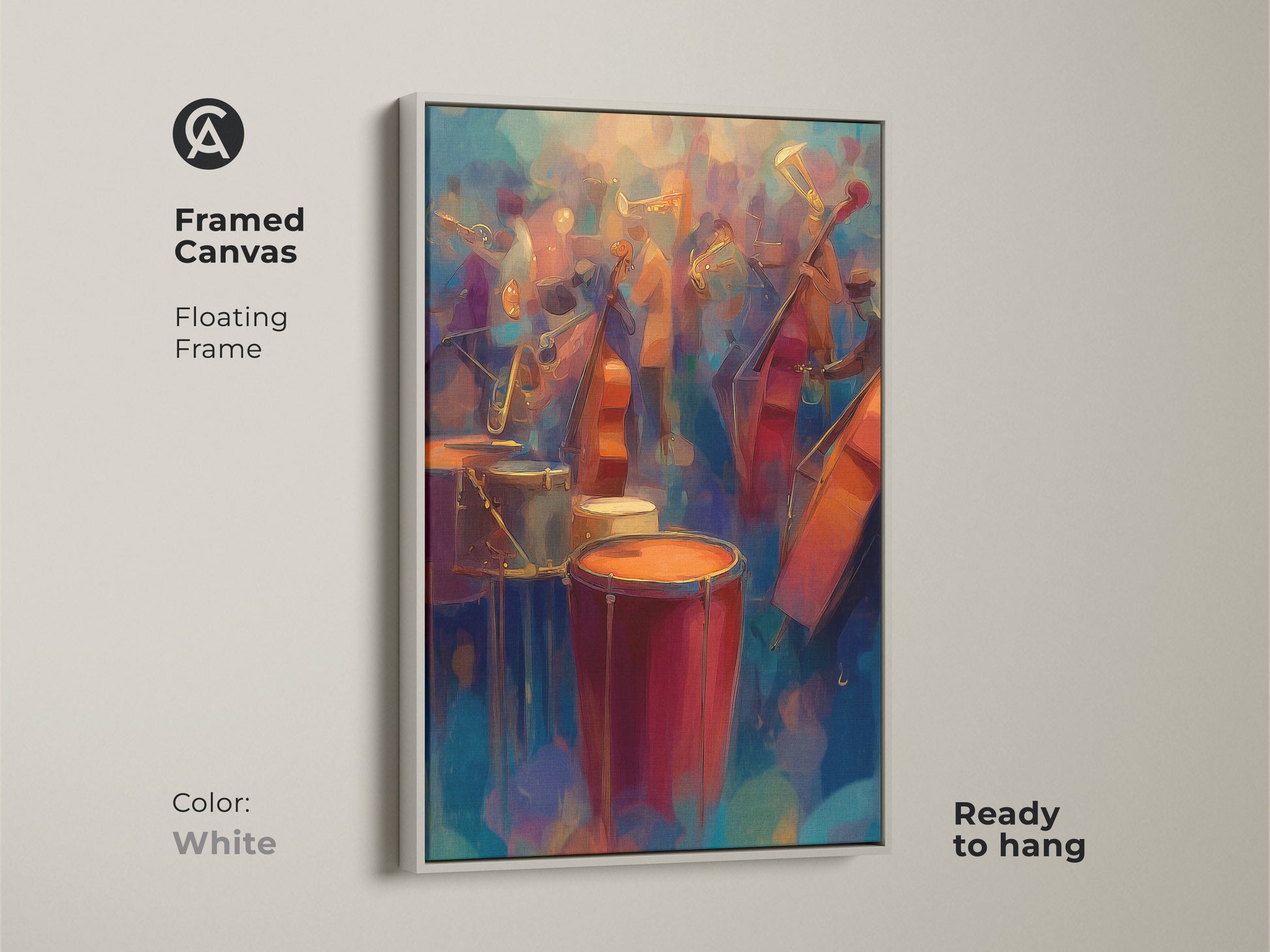 This abstract jazz band artwork is framed in white. The canvas has a floating frame. It's ready to hang. The music-themed art brings a clean modern look to any room.
