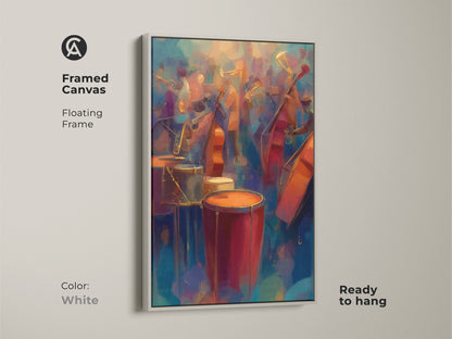 This abstract jazz band artwork is framed in white. The canvas has a floating frame. It's ready to hang. The music-themed art brings a clean modern look to any room.