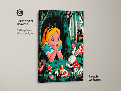 This stretched canvas gallery wrap showcases Alice in Wonderland artwork. Alice is seen with the White Rabbit and a bear in the forest. The print is ready to hang and perfect as kids room art. The whimsical animal artwork adds a fairytale to any home decor.