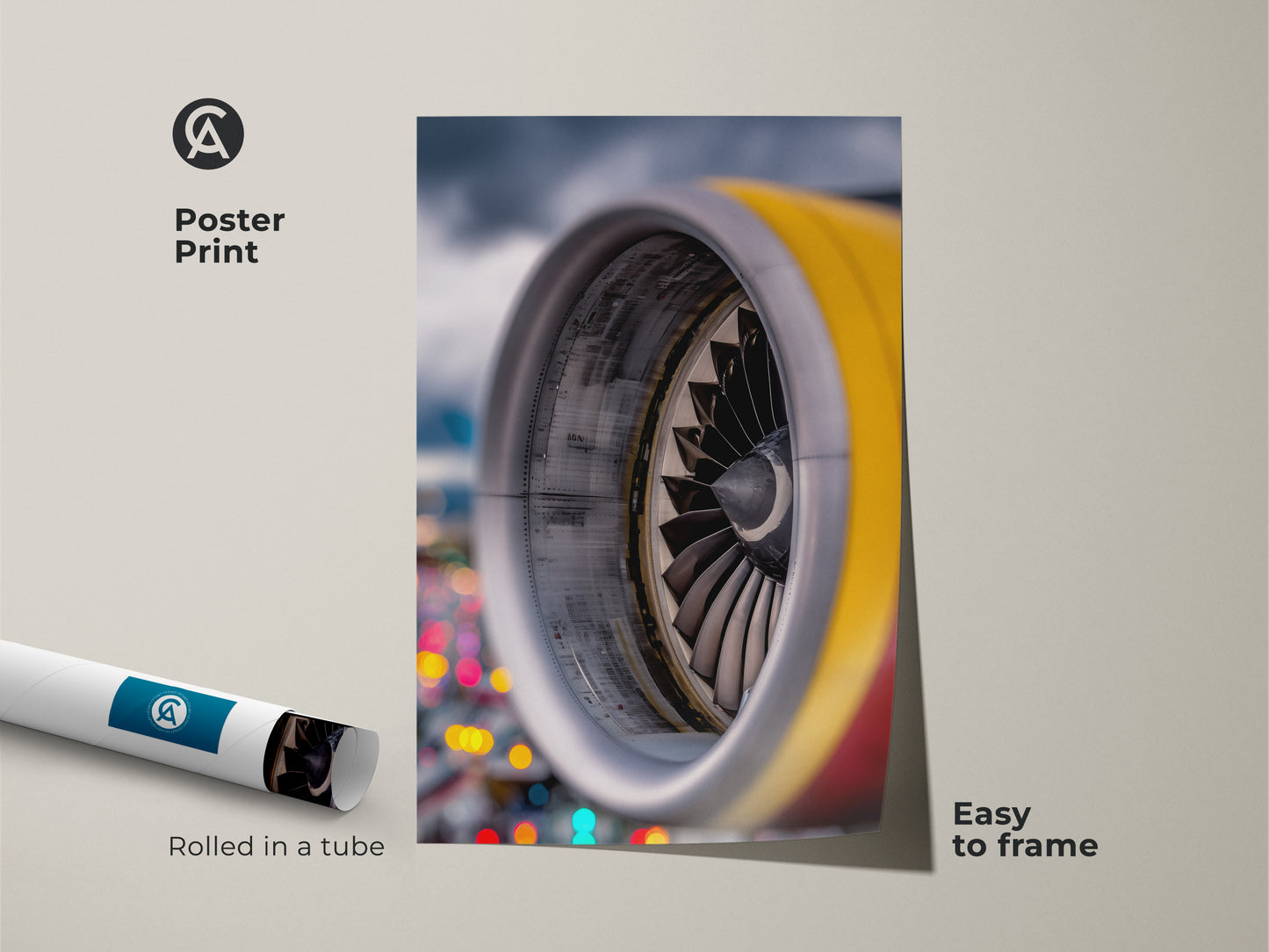 The poster print features a close-up of a jet engine. Silver yellow and red decor makes it ideal for a loft-style space. This abstract turbine print is easy to frame. A perfect technology wall decor for a modern office or as a gift.