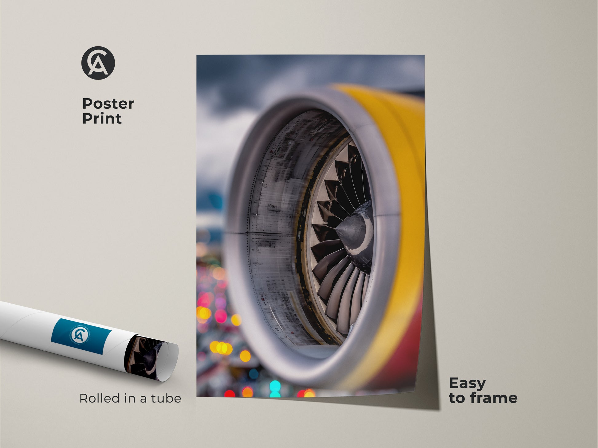 The poster print features a close-up of a jet engine. Silver yellow and red decor makes it ideal for a loft-style space. This abstract turbine print is easy to frame. A perfect technology wall decor for a modern office or as a gift.