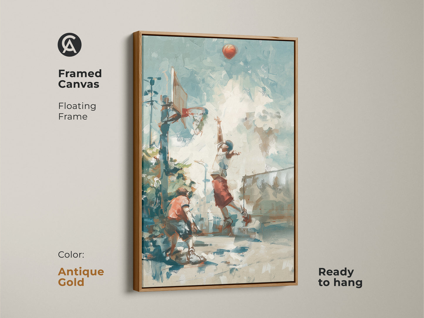 Enhance your decor with this framed basketball art. The antique gold floating frame adds a touch of sophistication. The artwork showcases an exciting street basketball scene. It is ready to hang and enjoy. Perfect for basketball fans. Add a sporty touch to any room