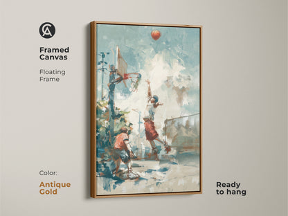 Enhance your decor with this framed basketball art. The antique gold floating frame adds a touch of sophistication. The artwork showcases an exciting street basketball scene. It is ready to hang and enjoy. Perfect for basketball fans. Add a sporty touch to any room
