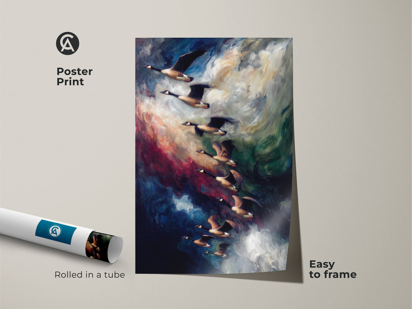 Poster print of geese in flight against an indigo sky. Rolled in a tube this wildlife art is easy to frame. This dark blue artwork is ideal contemporary home decor for nature enthusiasts.