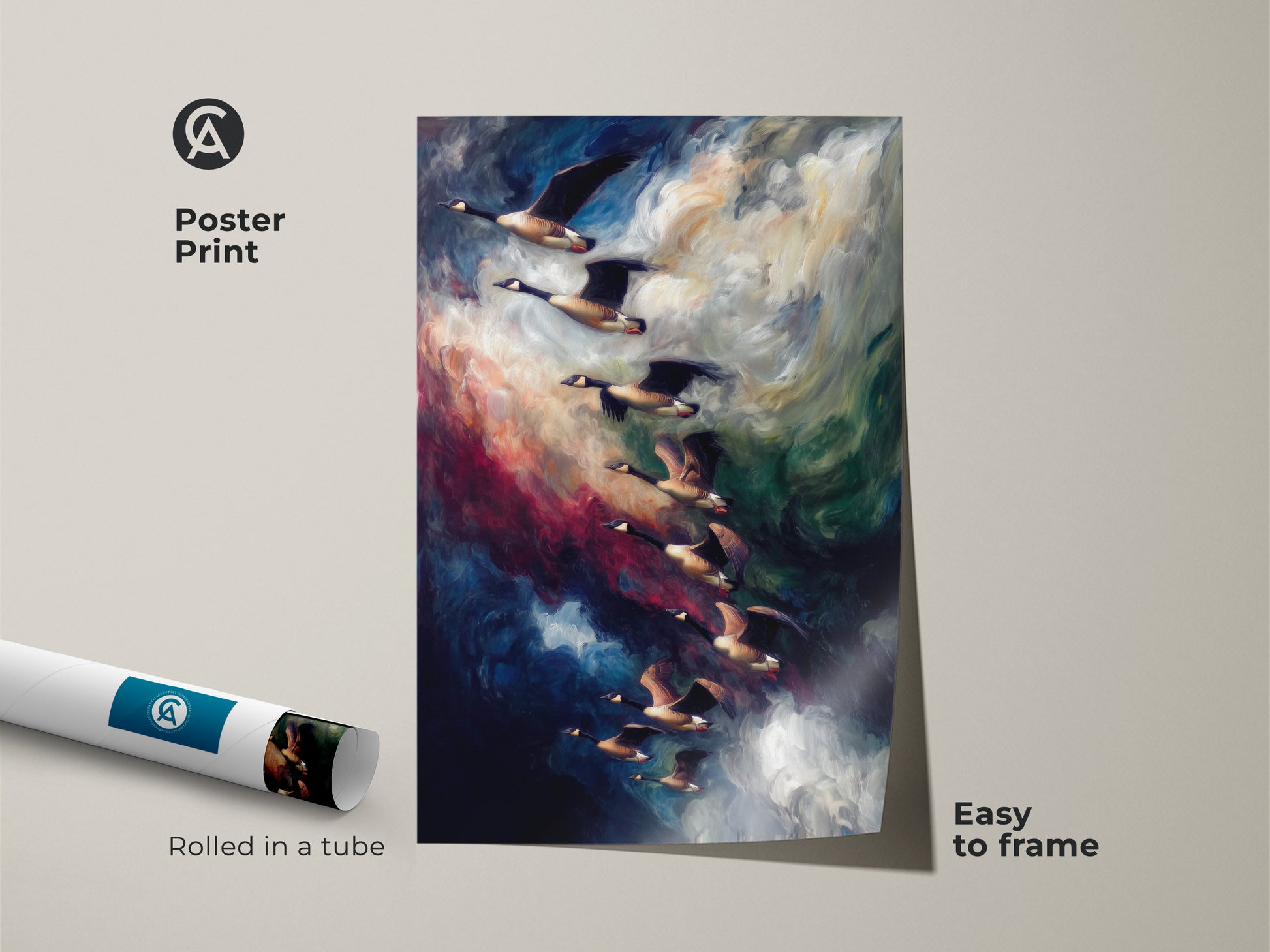Poster print of geese in flight against an indigo sky. Rolled in a tube this wildlife art is easy to frame. This dark blue artwork is ideal contemporary home decor for nature enthusiasts.