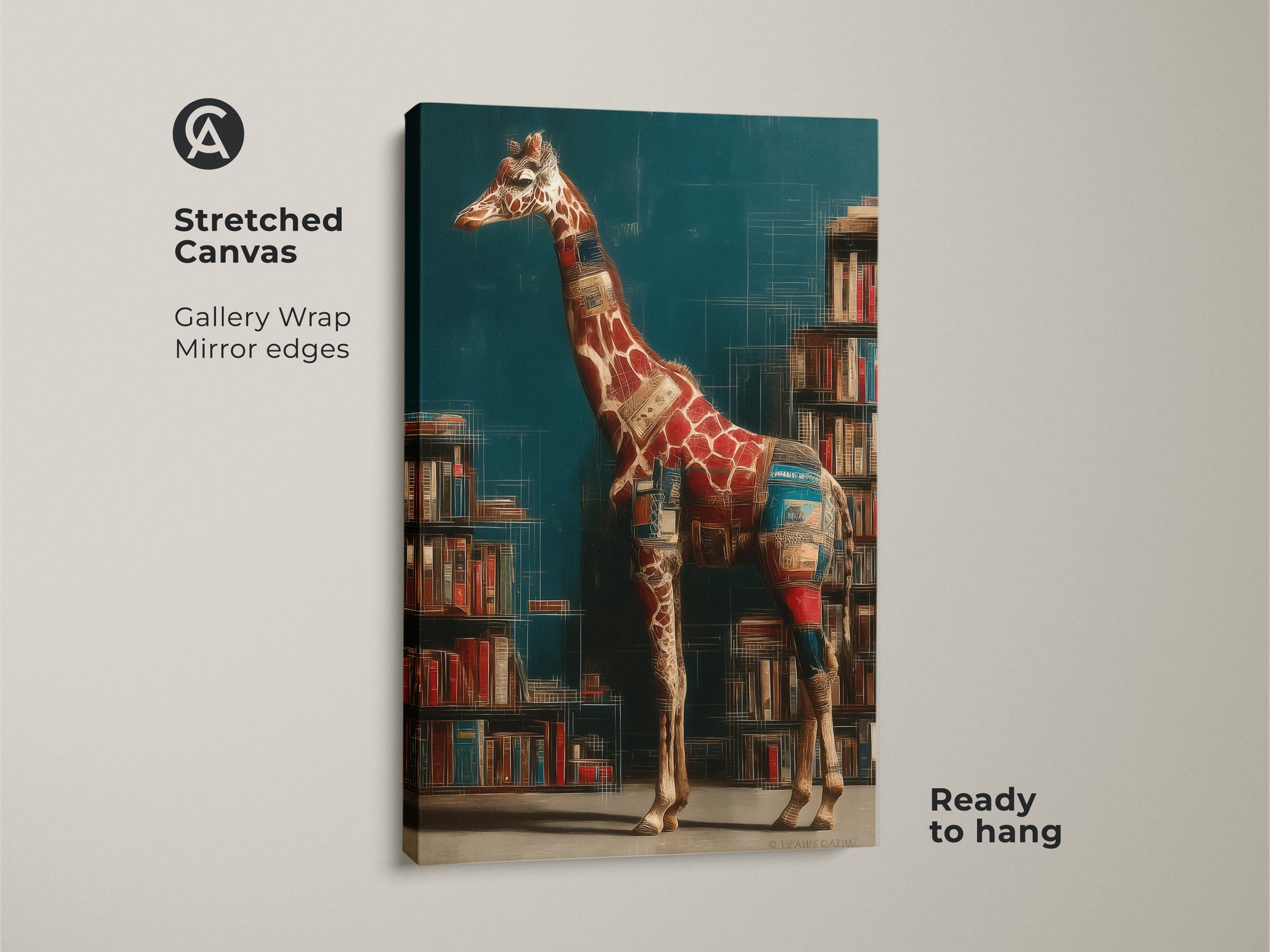 Stretched canvas art featuring a surreal giraffe. The bookshelf animal print adds eclectic decor to a study room. Its gallery wrap showcases a literary wall art gift ready to hang.