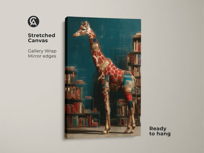 Stretched canvas art featuring a surreal giraffe. The bookshelf animal print adds eclectic decor to a study room. Its gallery wrap showcases a literary wall art gift ready to hang.