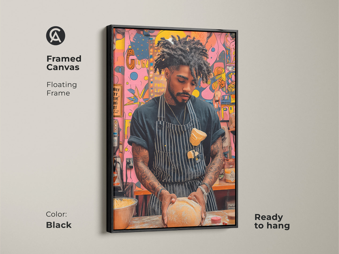 A framed canvas shows a baker kneading dough artwork. It features a black floating frame adding modern pop art to any kitchen space. The contemporary artwork has vibrant orange yellow and pink abstract elements. It's ready to hang creating an artistic touch.
