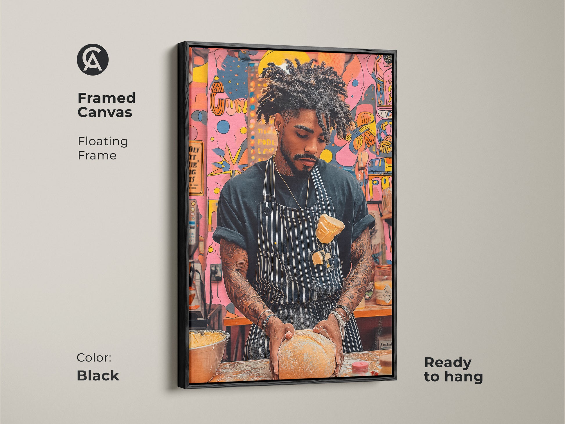 A framed canvas shows a baker kneading dough artwork. It features a black floating frame adding modern pop art to any kitchen space. The contemporary artwork has vibrant orange yellow and pink abstract elements. It's ready to hang creating an artistic touch.