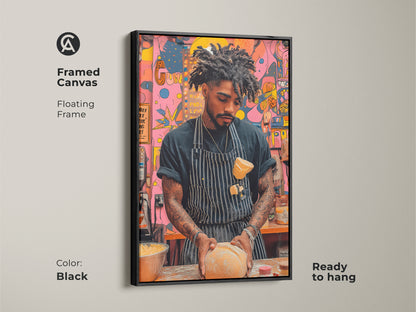 A framed canvas shows a baker kneading dough artwork. It features a black floating frame adding modern pop art to any kitchen space. The contemporary artwork has vibrant orange yellow and pink abstract elements. It's ready to hang creating an artistic touch.