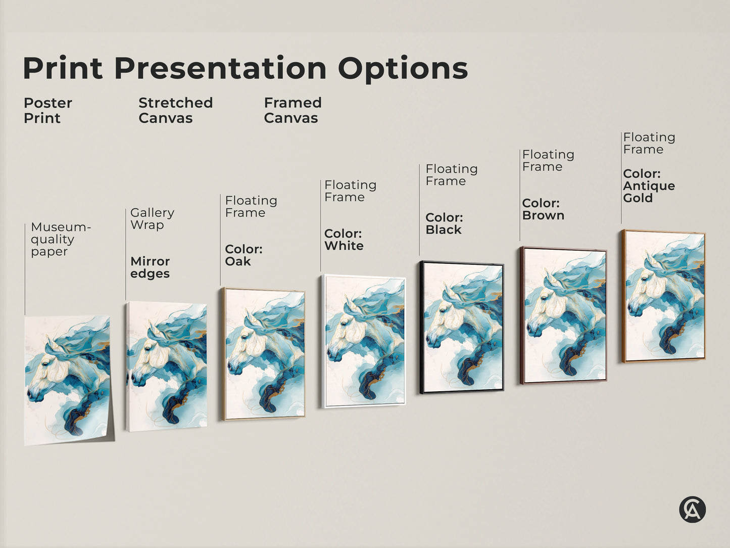 Print presentation options for abstract horse art. Options include poster prints stretched canvas and framed canvas. Each features a blue and gold equine artwork. Find the perfect style for your home decor.