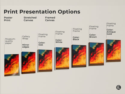 Sizing guide for vertical abstract mountain fire artwork. Available as canvas or poster in sizes from small to large. Height and width dimensions are shown. The art features fiery red golden yellow and black tones. Ideal for eclectic home decor or a firefighter gift.