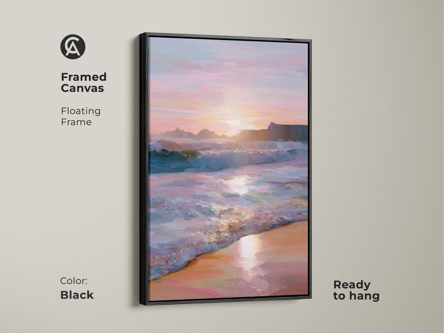 Framed canvas art showcasing an ocean sunset with coastal beach waves. A black floating frame accentuates the teal pink orange sky landscape. Ready to hang wall art perfect for adding a touch of summer to your bedroom or living room.